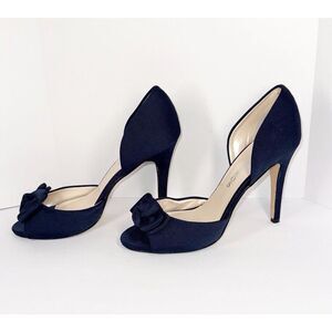 Caparros Navy Blue Heels Bow Peep Toe Pump Dressy Nautical Formal Stiletto 9.5 B